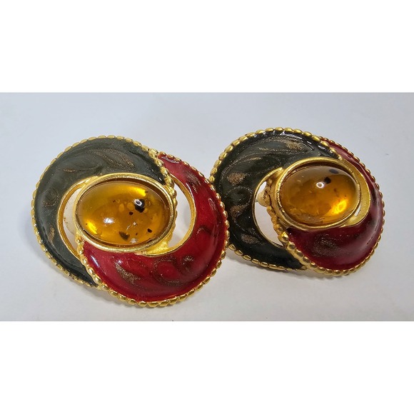 VTG 80s M. JENT Post Earrings Gold Tone Amber Red Green Cabochon Vintage Jewelry - Picture 1 of 3